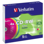 Verbatim CD-RW 700MB 2-4x Multi Colour 5 Pack with Slim Cases 3 16820 791611