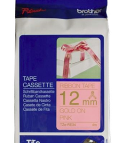 Brother TZe-RE34 12mm x 4m Gold on Pink Ribbon Tape