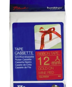 Brother TZe-RW34 12mm x 4m Gold on Wine Red Ribbon Tape