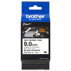Brother HSe-221E 9.0mm x 1.5m Black on White Heat Shrink Tape 1 Brother HSe-221E 9.0mm x 1.5m Black on White Heat Shrink Tape