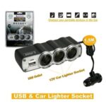 carlightersocketadaptorthree12vsocketsplususbport15mcable3384
